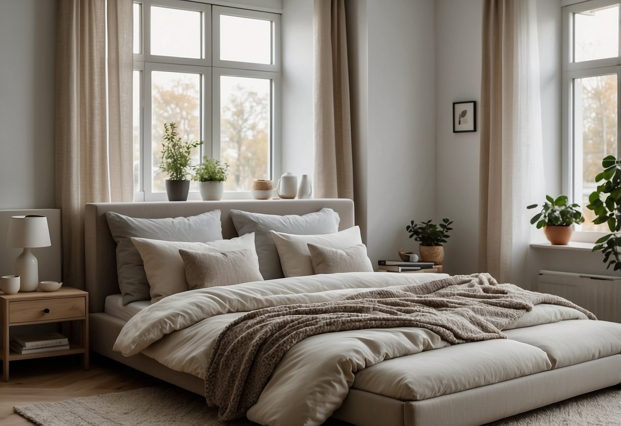 A tidy, clutter-free bedroom with minimalist decor and cozy bedding. Soft, neutral colors and natural light create a serene and comfortable atmosphere