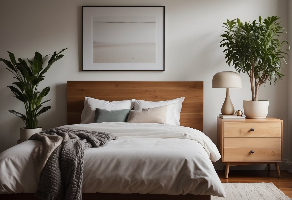 A bedroom with natural elements, clean lines, and minimal decor. A plant sits on a bedside table, while a simple, uncluttered design creates a calm and serene atmosphere