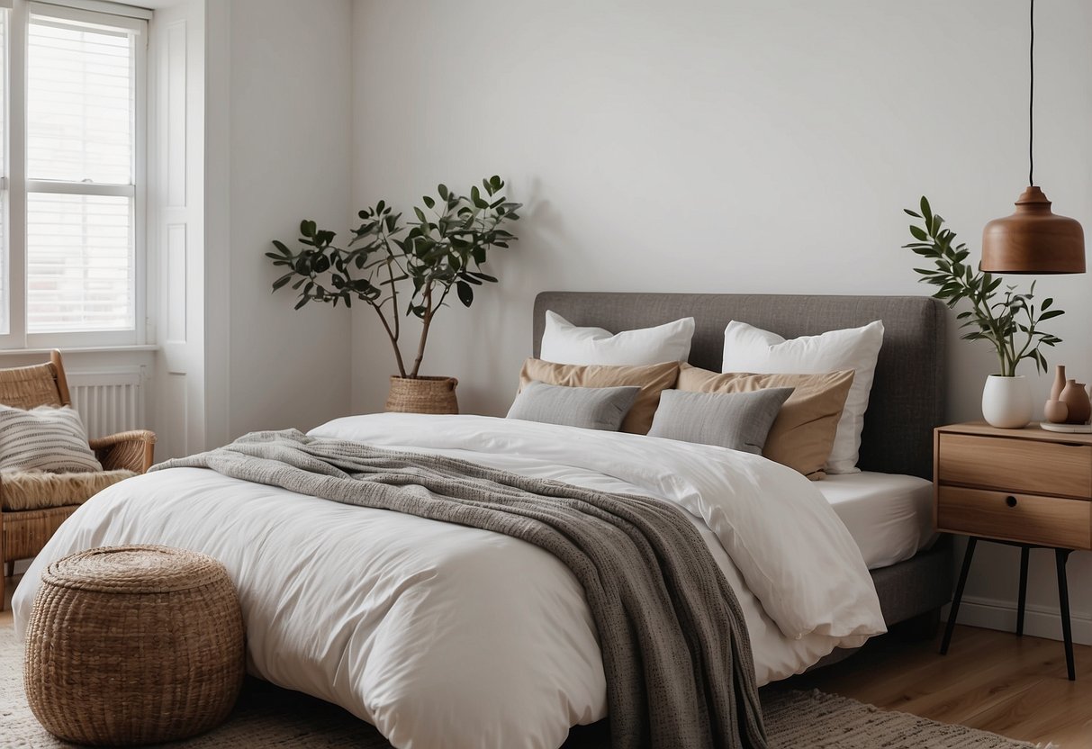 A clean, clutter-free bedroom with simple, minimalist designs. White walls, neutral bedding, and minimal furniture create a serene, refreshing space