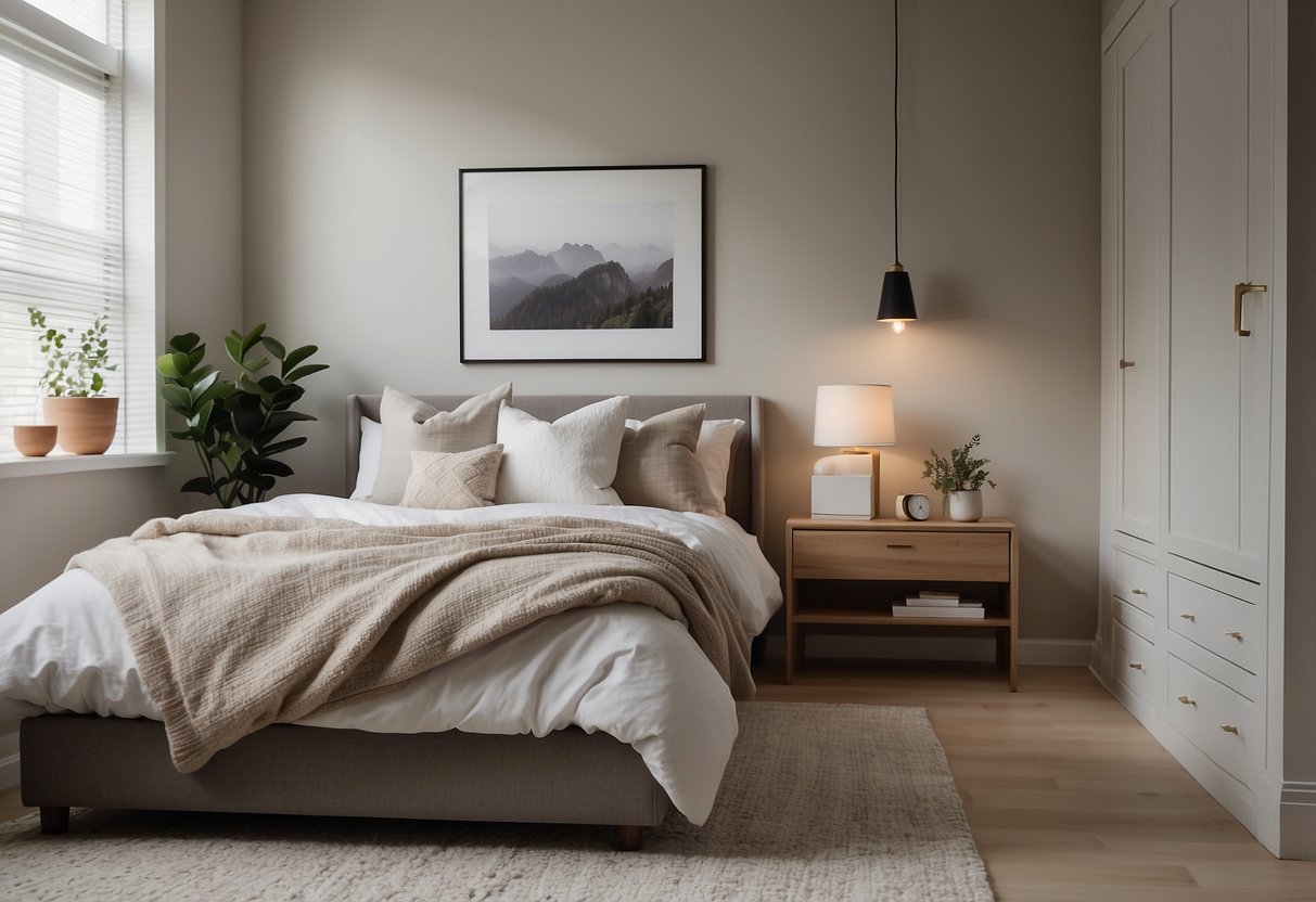 A serene guest bedroom with neutral tones, clean lines, and minimal decor. A clutter-free space with a cozy bed, a small desk, and a few carefully chosen accents