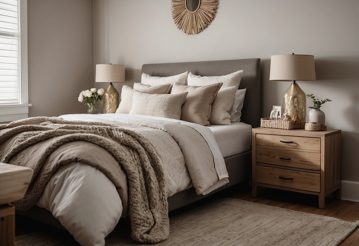 A serene bedroom with clean lines, neutral colors, and simple, uncluttered decor. A cozy bed with crisp linens, a streamlined dresser, and a few carefully chosen decorative accents