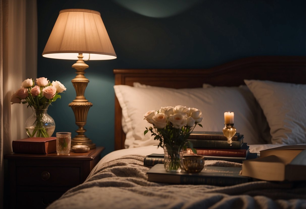 A dimly lit bedroom with soft, warm lighting. A cozy bed with plush pillows and a draped canopy. A small writing desk with a vintage lamp. A bookshelf filled with romantic novels. A vase of fresh flowers on the nightstand