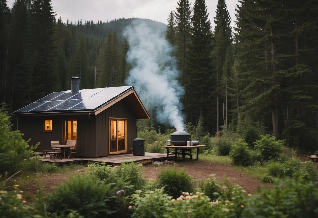 A small cabin nestled in a remote forest, surrounded by solar panels and a water collection system. Smoke billows from a chimney, and a vegetable garden flourishes nearby