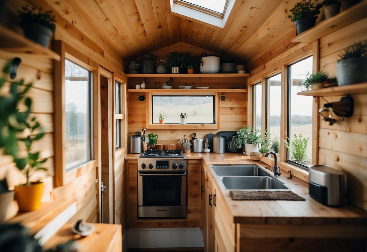 The interior of the garden shed tiny house is being finished, with off-grid living elements present