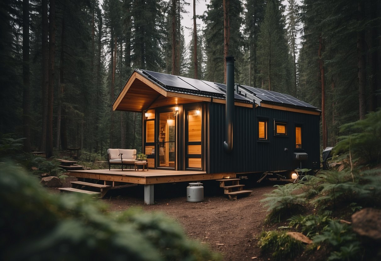 A tiny house nestled in a secluded forest, surrounded by solar panels, a composting toilet, and a rainwater collection system