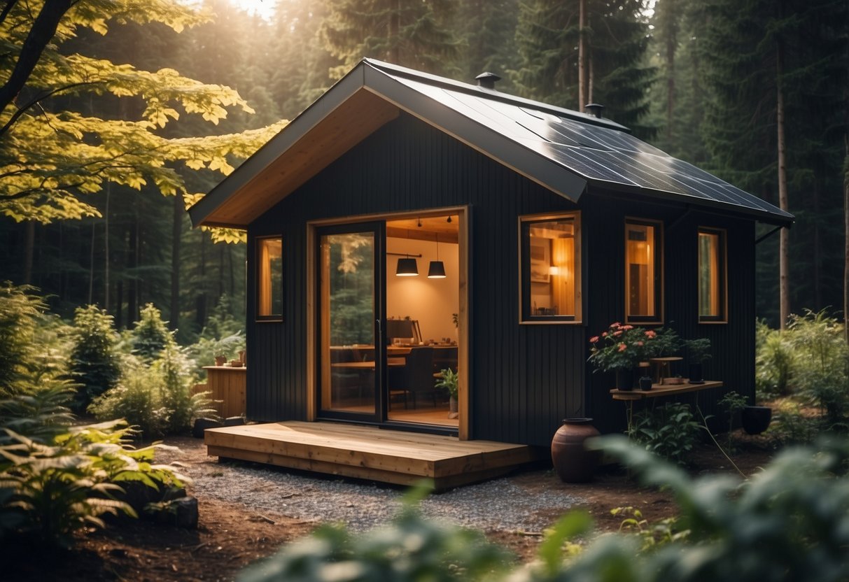 A cozy cabin shed nestled in the woods, surrounded by tall trees and a small garden, with solar panels on the roof and a wood-burning stove inside