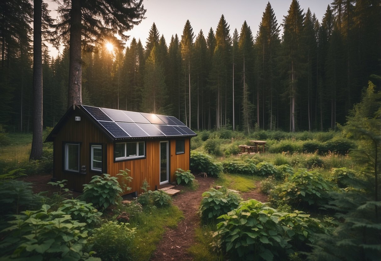 A secluded forest clearing with a small, solar-powered cabin nestled among the trees, surrounded by a vegetable garden and a composting toilet