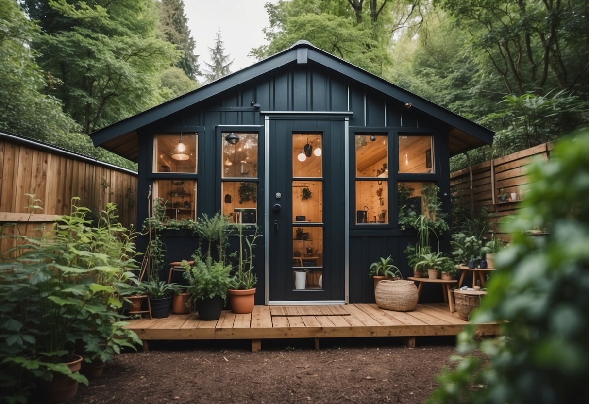 A garden shed transformed into a cozy tiny home, surrounded by lush greenery. Solar panels on the roof, rain barrels collecting water. Off-grid living in harmony with nature