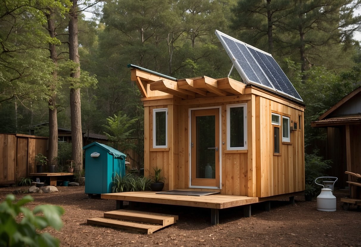 The tiny house shed sits nestled among the trees, with solar panels on the roof and a rainwater collection system nearby. A small garden surrounds the shed, with a composting toilet and outdoor shower off to the side