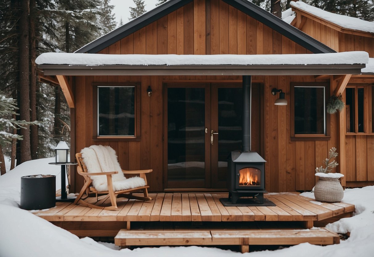 A cozy cabin shed with minimalist Scandinavian decor, featuring natural wood furniture, clean lines, and cozy textiles. Solar panels and a wood stove hint at off-grid living