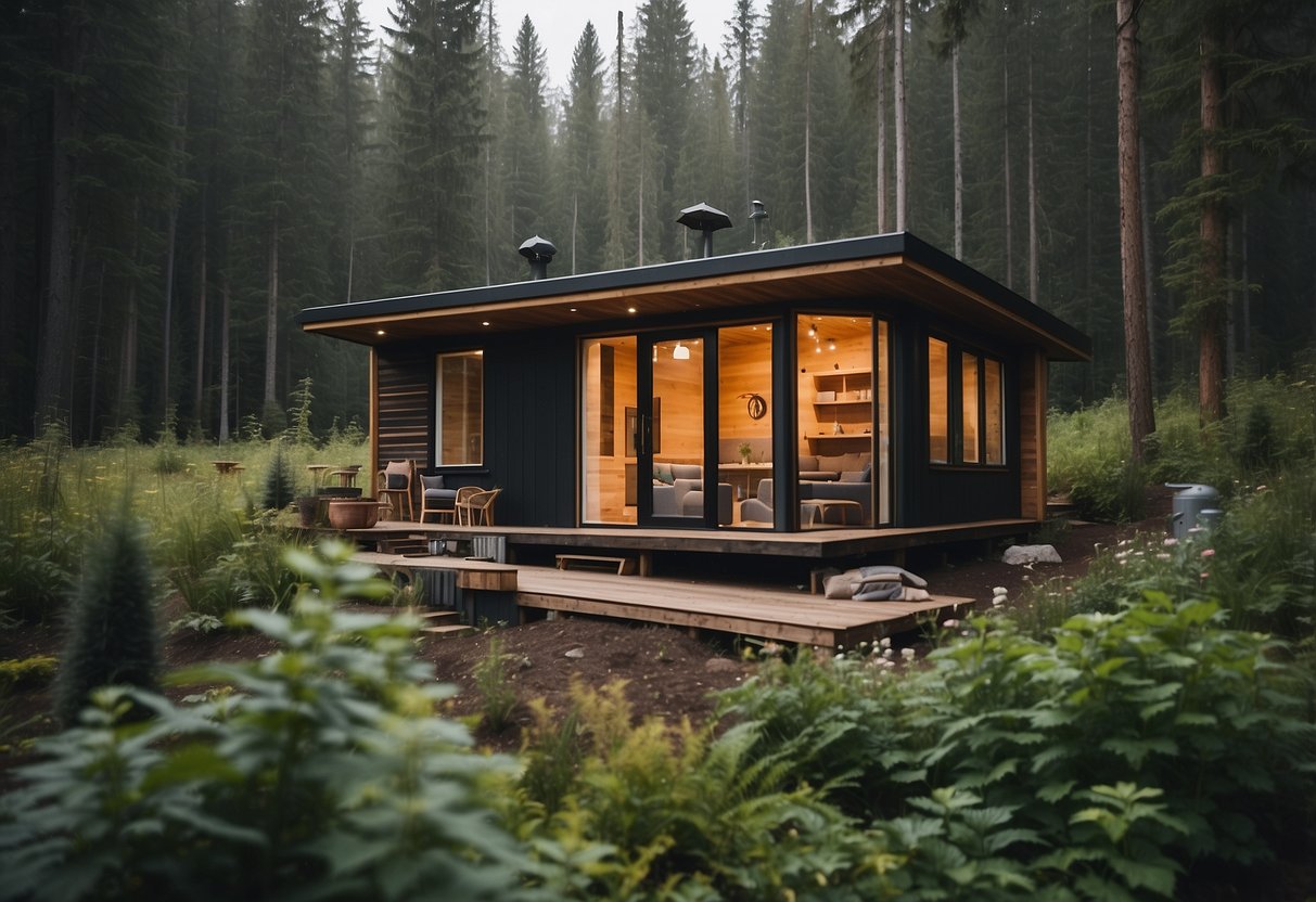 A cozy tiny house nestled in a remote forest clearing, surrounded by solar panels, a vegetable garden, and a rainwater collection system