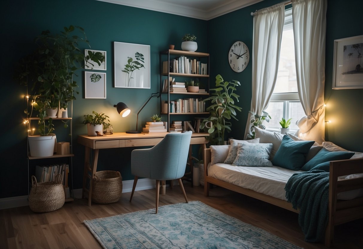 A cozy bedroom with a plush rug, soft throw pillows, and twinkling string lights. A bookshelf filled with colorful books and a small desk with potted plants. A tranquil color scheme of blues and greens creates a calming atmosphere