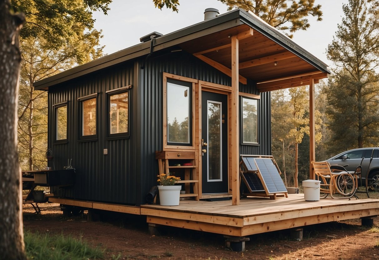 A cozy tiny house with solar panels, rainwater collection, and composting toilet. Off-grid living with compact kitchen, loft bedroom, and efficient space usage