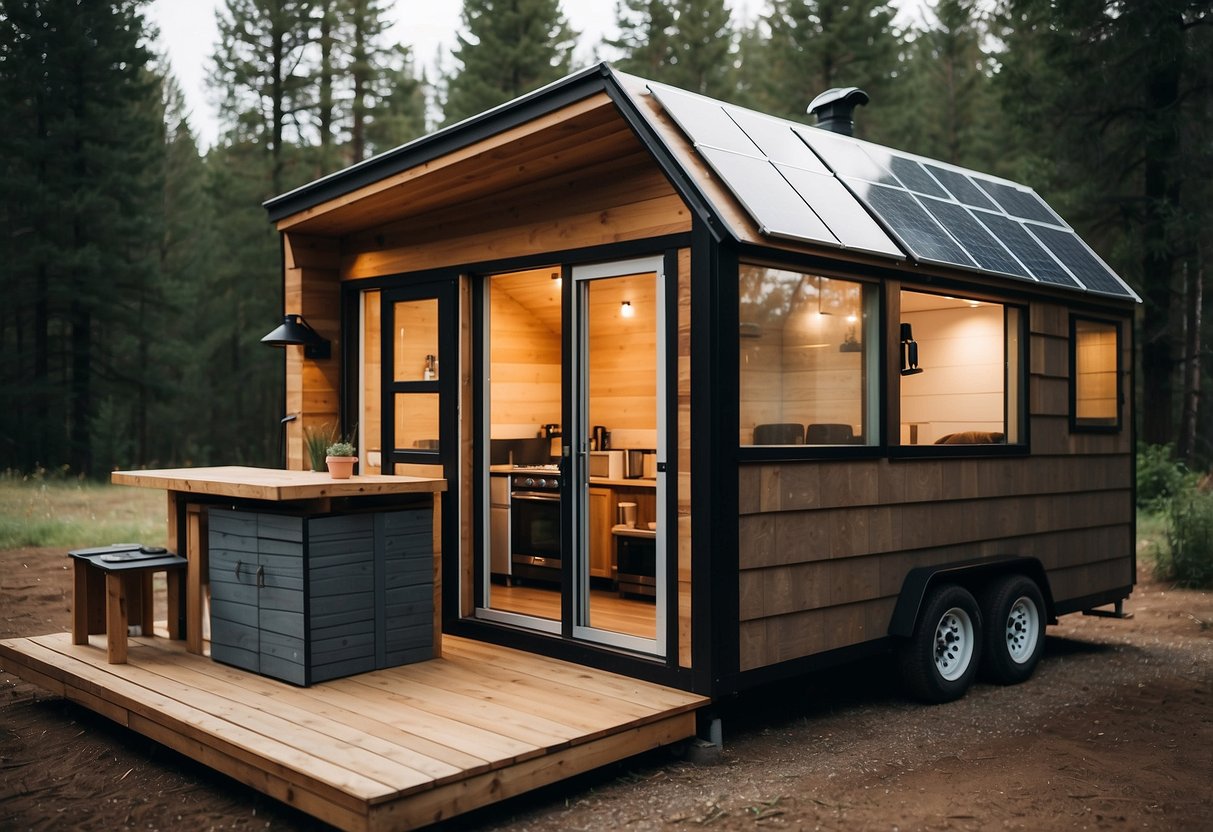 A tiny house with clever storage solutions, solar panels, and rainwater collection. Off-grid living in a serene natural setting