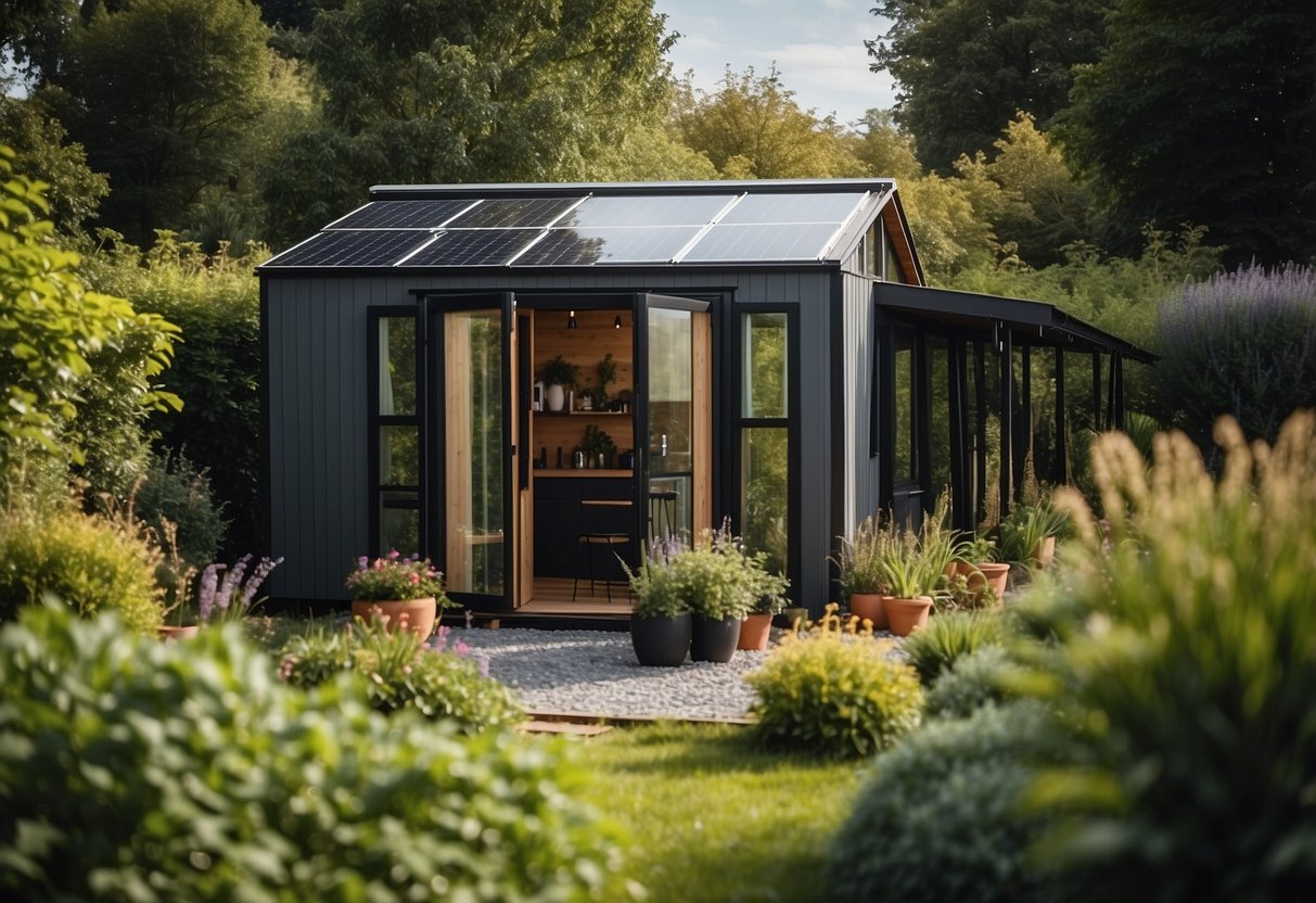 A cozy tiny house nestled in a lush, secluded garden, surrounded by solar panels and rainwater collection systems