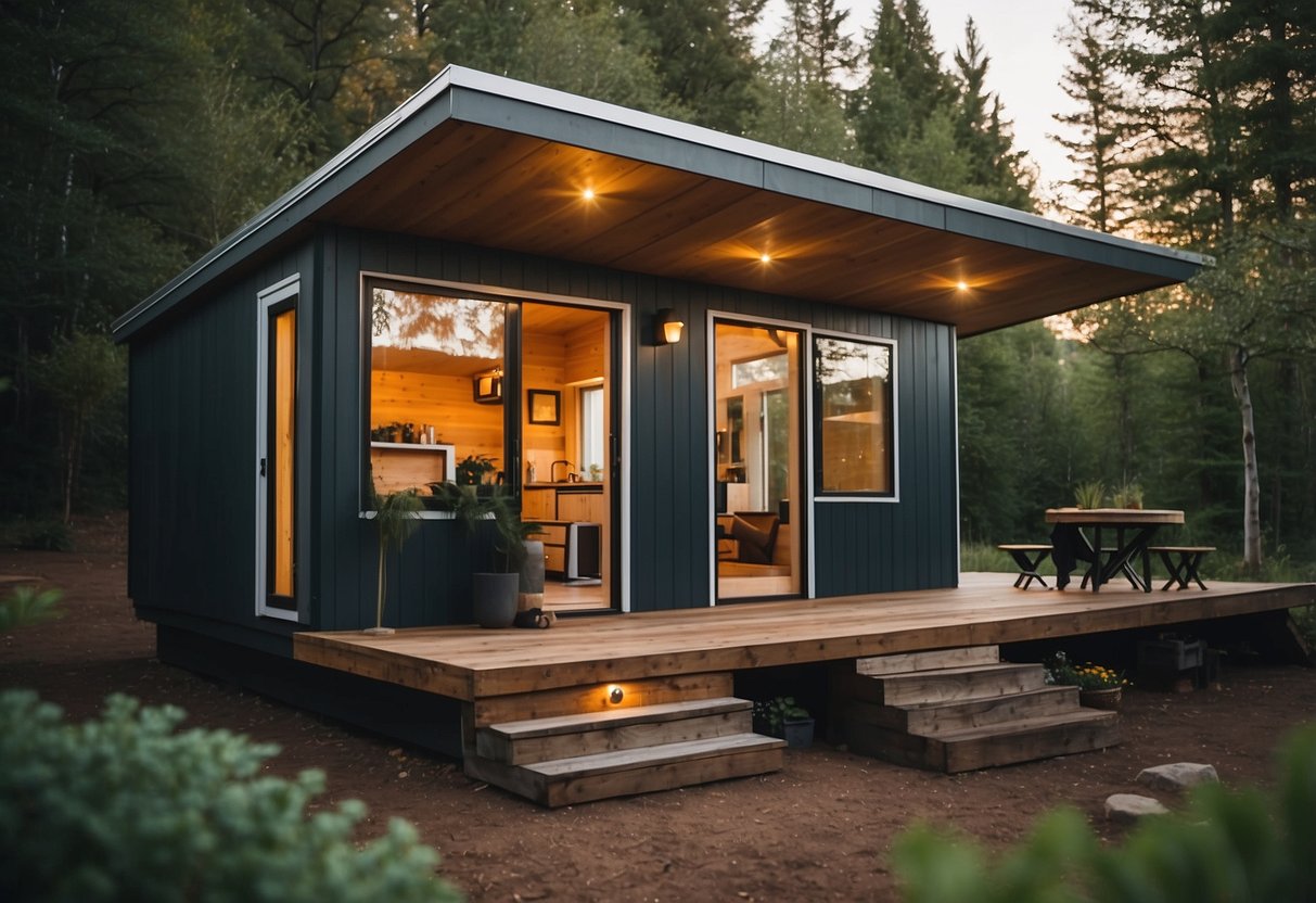 A small shed-style tiny house sits off-grid, surrounded by nature. A video tour showcases the cozy living space and its sustainable features