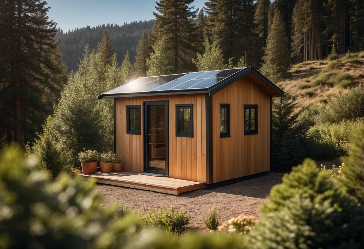 A small shed sits nestled in the wilderness, surrounded by trees and a small garden. Solar panels line the roof, providing off-grid power for the tiny house