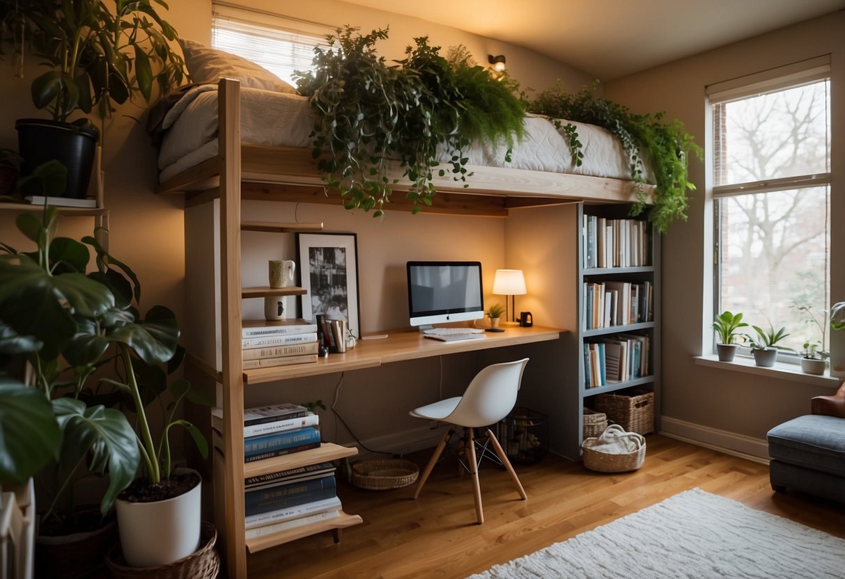 A cozy loft bed sits above a compact living area with a fold-out table, surrounded by shelves filled with plants and books. A large window lets in natural light, illuminating the warm and inviting space