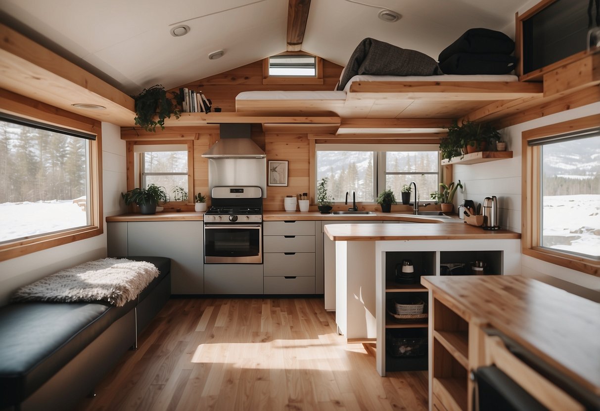 A cozy, clutter-free tiny home interior with sleek, modern furniture and clever storage solutions. Clean lines, neutral colors, and natural light create a serene, minimalist atmosphere