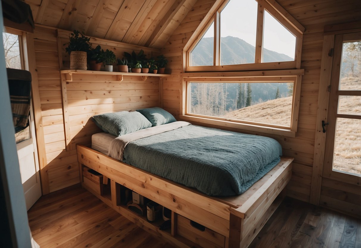 A cozy tiny home with minimalist decor, featuring a lofted bed, a compact kitchen, and a small living area with large windows and natural light