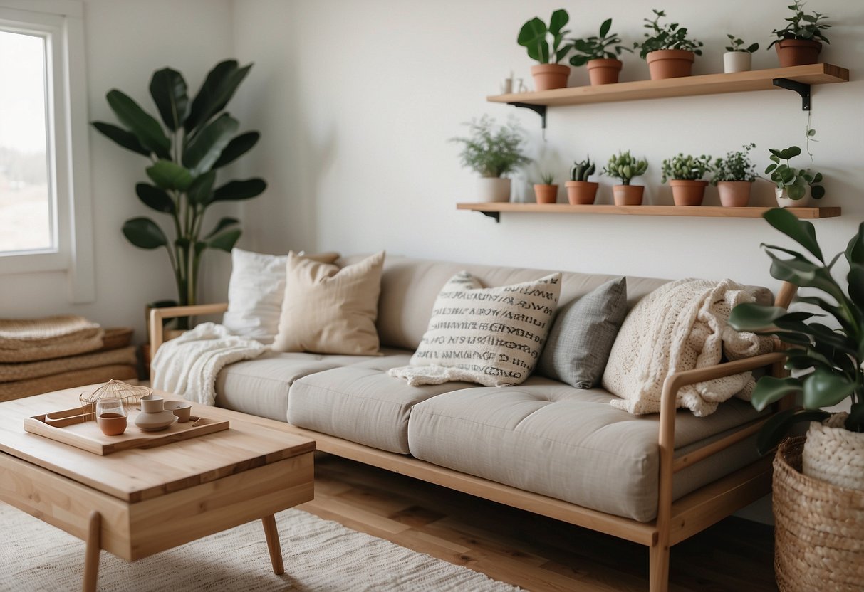 A cozy tiny home with chic decor: soft, neutral colors, natural light, and minimalist furniture. Plants and cozy textiles add warmth to the space