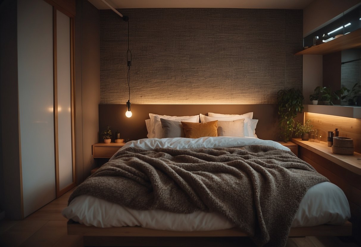 A cozy bedroom with a lofted bed, soft lighting, and warm earthy tones. A compact bathroom with a modern sink, a shower, and clever storage solutions