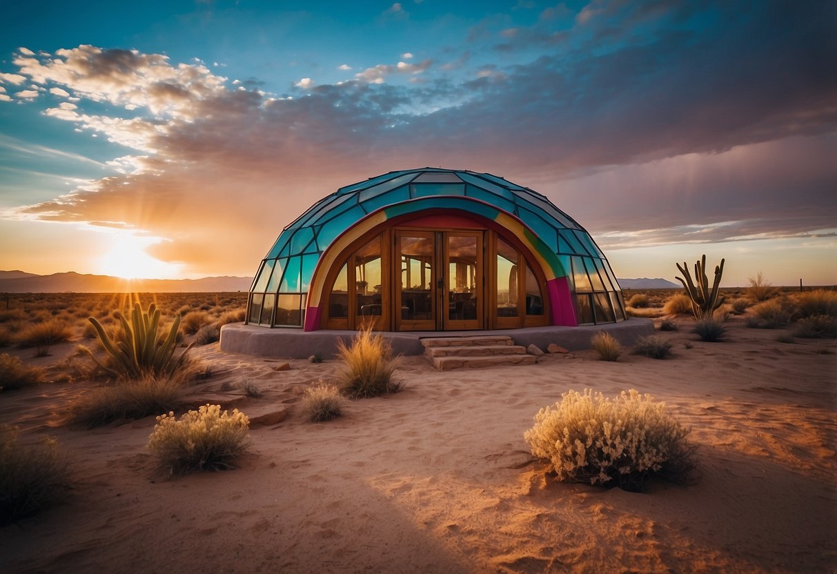 A colorful desert Earthship home stands amidst the sandy landscape, with a vibrant rainbow arching across the sky above