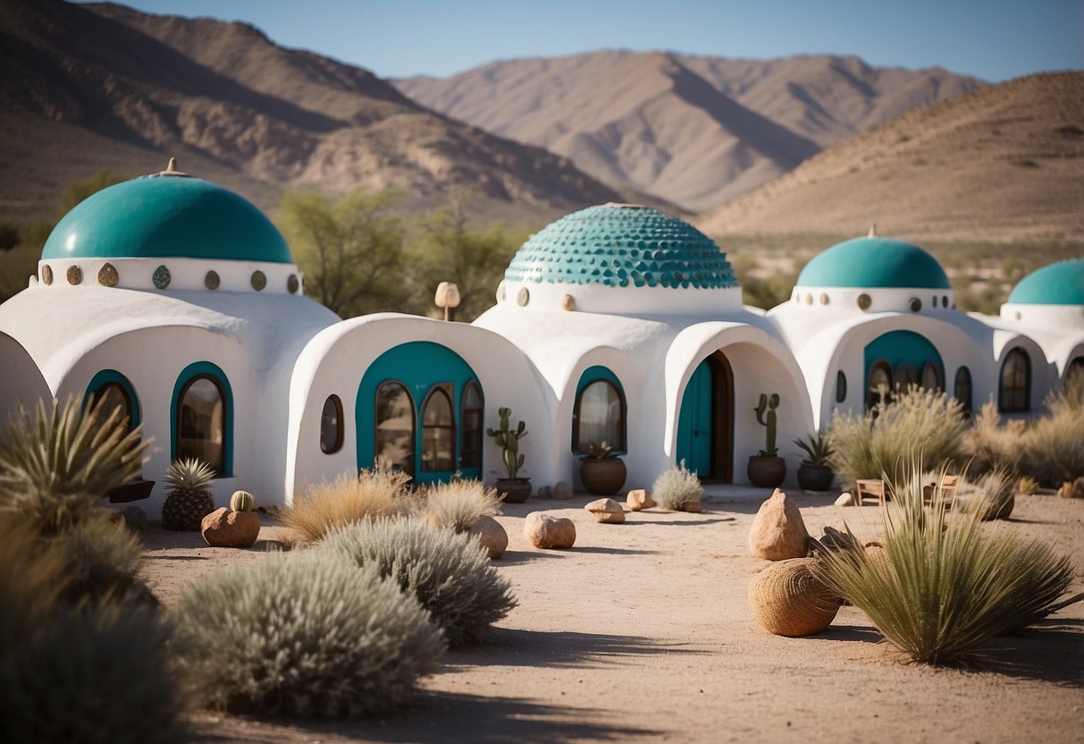 White stucco Earthship Homes with teal accents stand against the desert backdrop