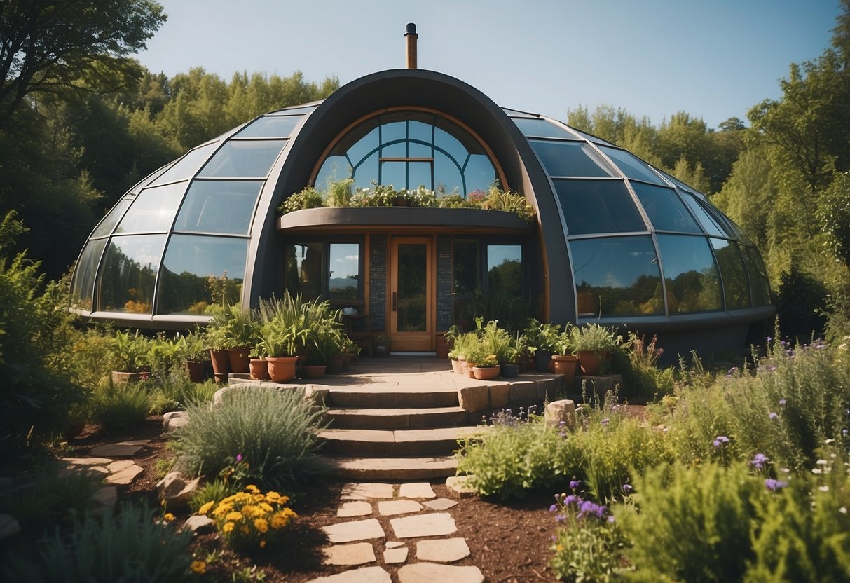 Futuristic Earthship homes with stained glass windows, nestled off-grid, surrounded by lush greenery and sustainable features