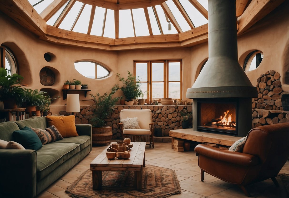 Warm Earthship interiors with fireplaces, natural materials, and bohemian decor