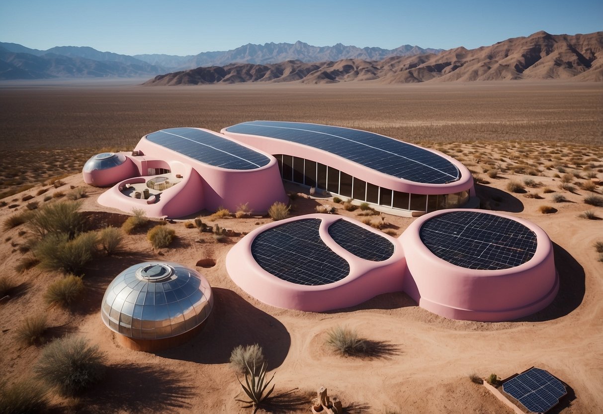 Futuristic pink stucco Earthship homes stand in a desert landscape with solar panels and water catchment systems