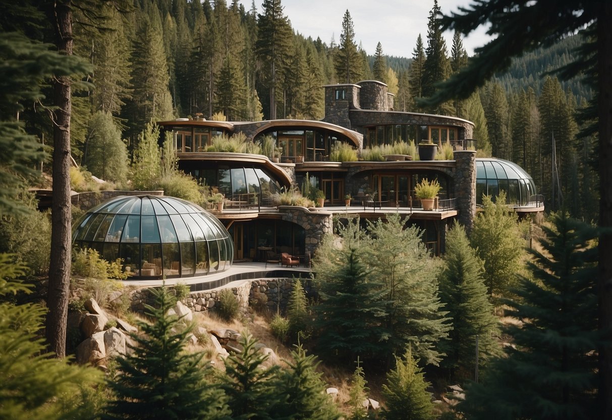 Earthship homes nestled in forest, surrounded by towering trees