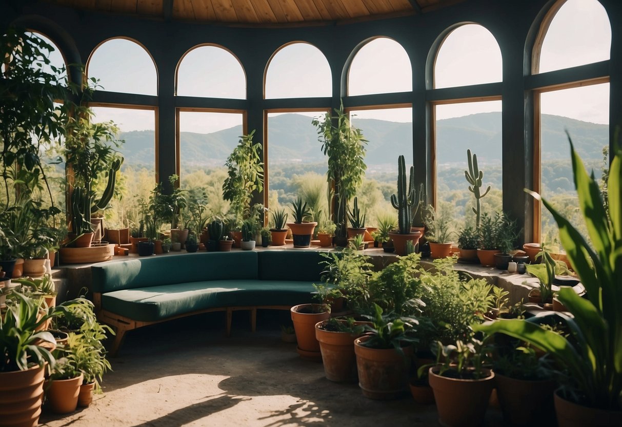 An Earthship interior filled with lush plants, bathed in natural light