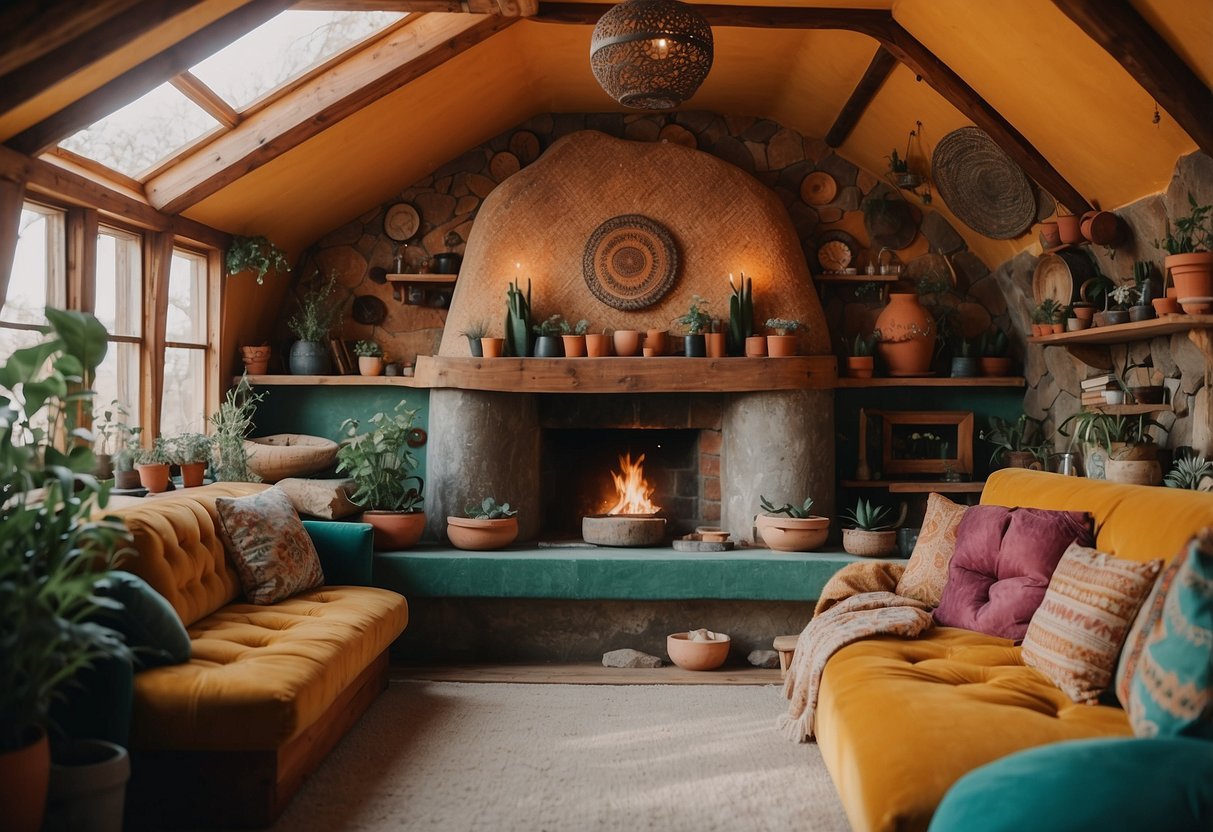 Vibrant bohemian Earthship interiors with colorful details and natural elements