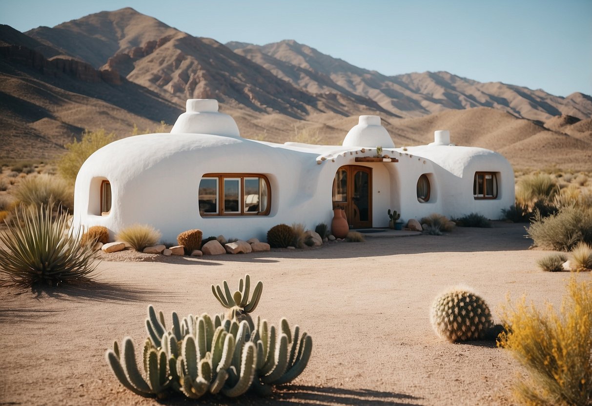 White stucco Earthship homes in desert landscape