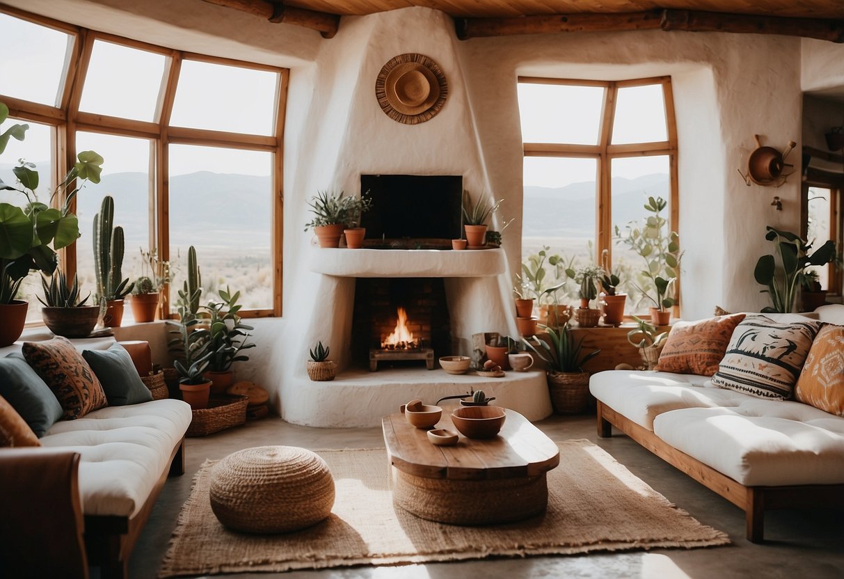 A white stucco Earthship home with bohemian interiors