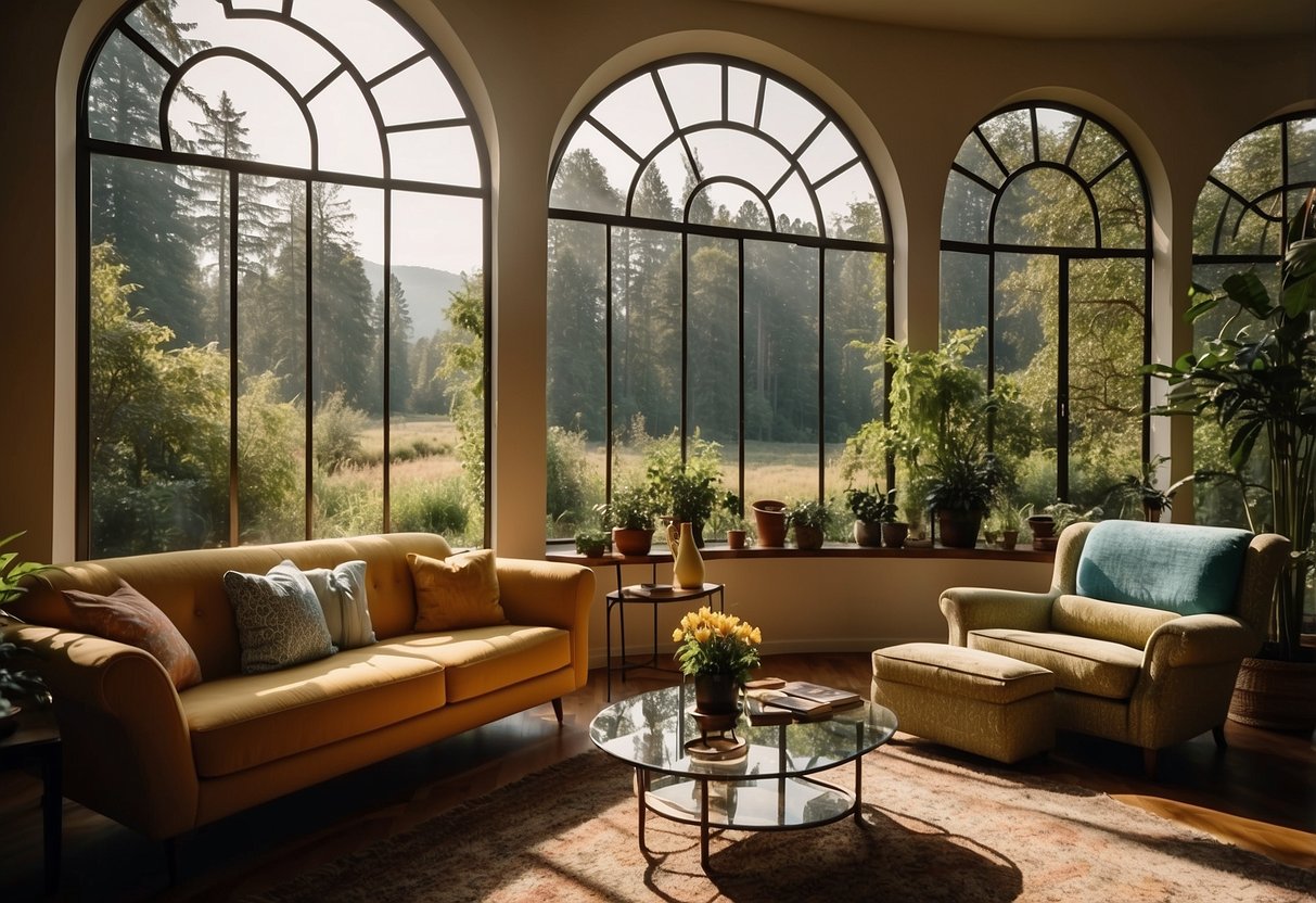 A sunlit living room with colorful, retro furniture and large, arched windows overlooking a lush, green landscape