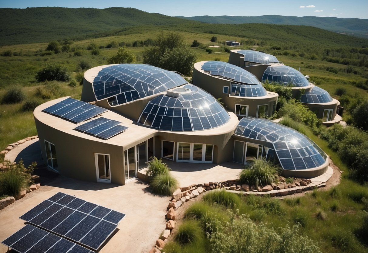 Aerial view of modern Earthship homes with large windows and solar panels, surrounded by lush greenery and a clear blue sky