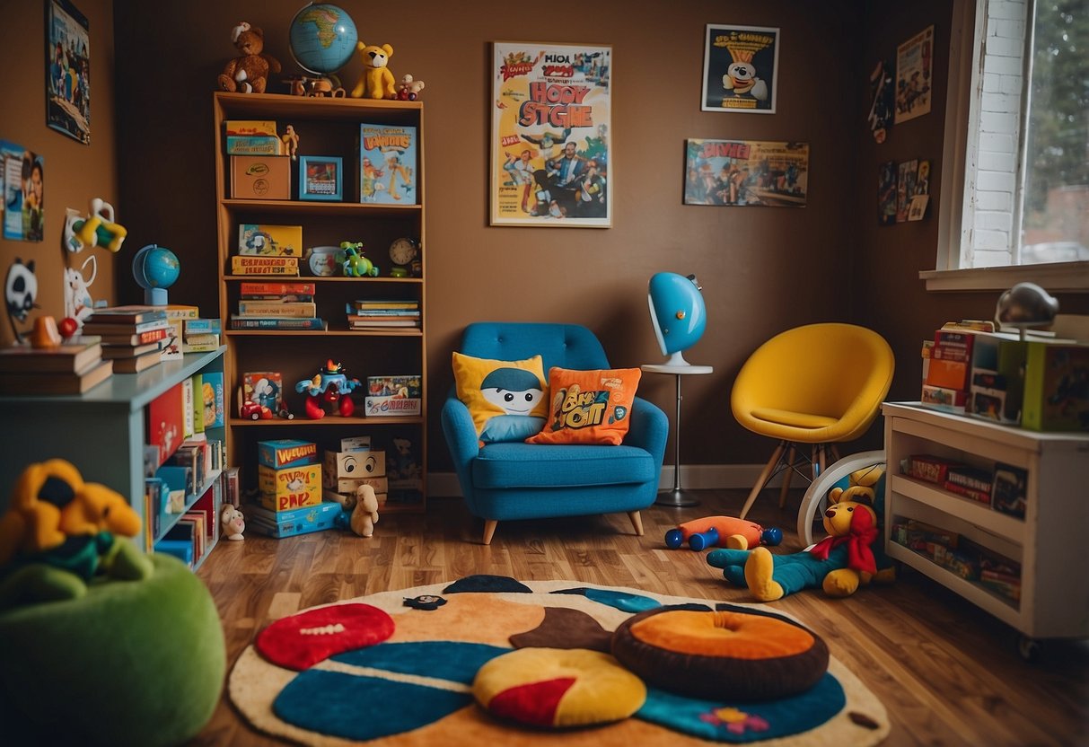 An eclectic boys' room with unique decor, including vintage posters, colorful rugs, and mismatched furniture. Books and toys are scattered around, adding to the individuality of the space