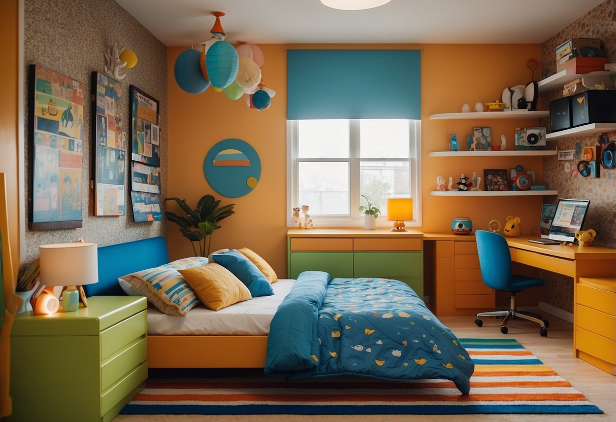 A colorful, eclectic boys' room with mismatched furniture, vibrant patterns, and unique decor. A mix of vintage and modern elements creates a space full of individuality and creativity