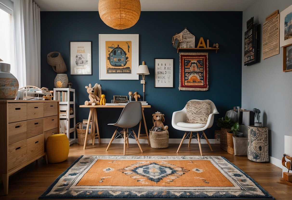 A vibrant nursery with colorful patterns, unique artwork, and mismatched furniture. Bright lights and playful decor create a fun and eclectic atmosphere for a baby boy's room