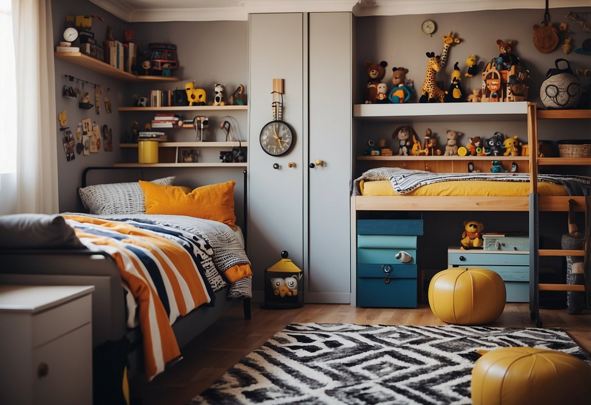 An eclectic boys' room with unique decor and personal touches. Colorful and vibrant, with a mix of patterns and textures