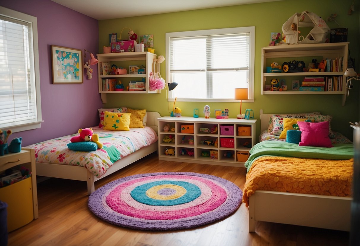 A vibrant, shared kids' room with mismatched furniture, colorful rugs, and unique decor reflecting individual personalities