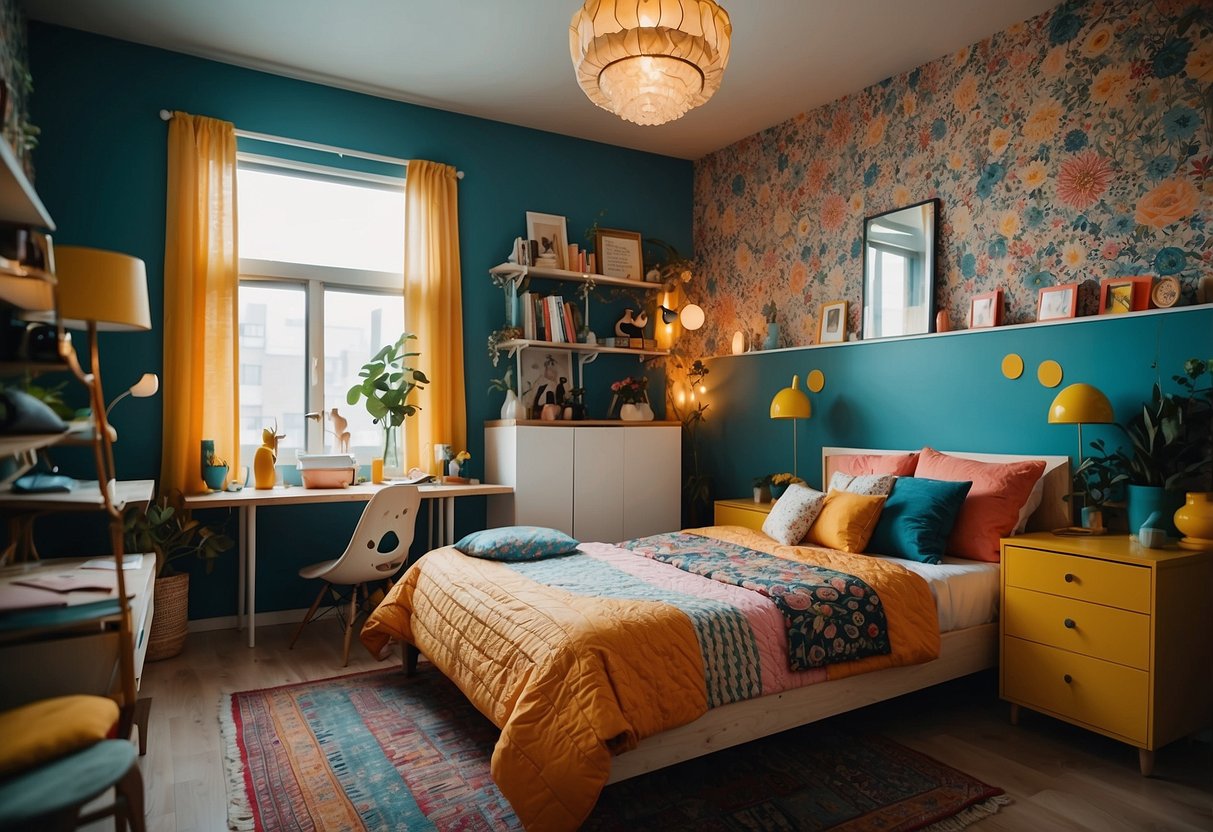 A colorful and playful room with mismatched furniture, unique artwork, and vibrant patterns on the walls and bedding