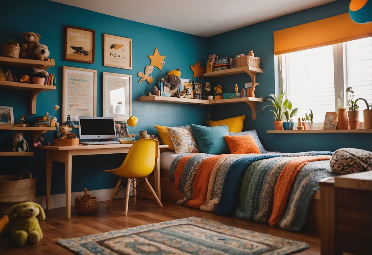 A vibrant, eclectic boys' room with colorful walls, mismatched furniture, and playful decor. Toy-filled shelves and a cozy reading nook complete the lively space