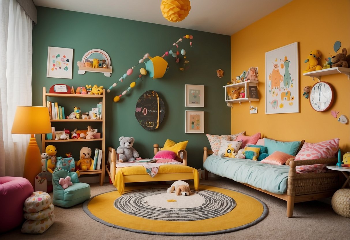 An eclectic kids' room with colorful walls, mismatched furniture, and playful decor. Toys are scattered around, and a cozy reading nook is nestled in the corner