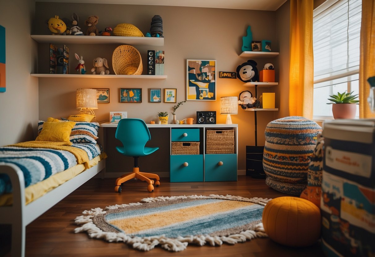 A colorful, eclectic boys' room with mismatched furniture, vibrant patterns, and unique decor. A mix of vintage and modern elements create a playful and individual space