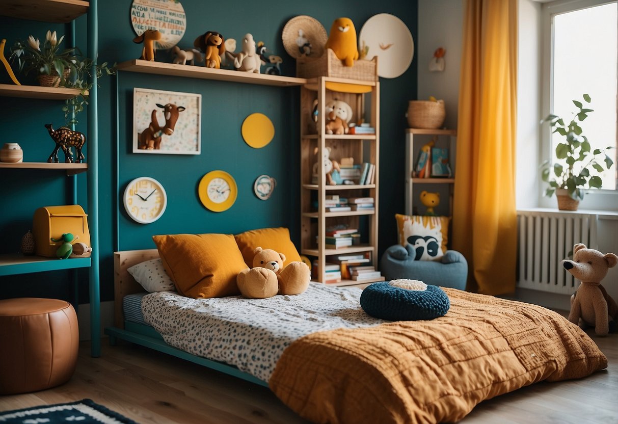 An eclectic boys' room with unique decor and vibrant colors. A mix of vintage and modern furniture, with playful patterns and textures