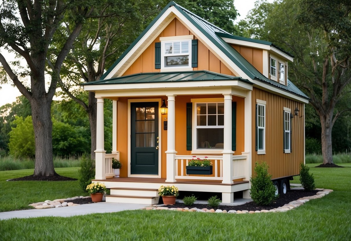 A cozy tiny house with a front porch, surrounded by trees and a small garden. The exterior is painted in warm colors, and there are flower boxes under the windows