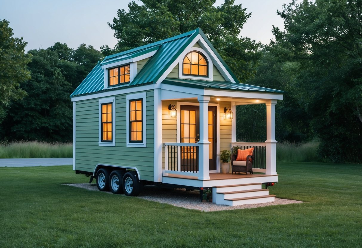 A small, charming tiny house sits on a grassy lot. The exterior features a cozy porch and large windows, while the interior is well-designed and inviting